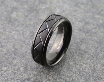 Tungsten Carbide 8mm Wedding Band Hand Crafted Brushed Criss-Cross Grooves Black Plated Ring. Free Laser Engraving