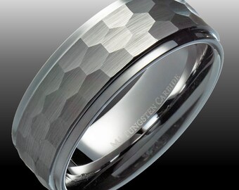 Tungsten Carbide 8mm Hammered Stepped Edges Men's Band Wedding Ring. Free Inside Laser Engraving