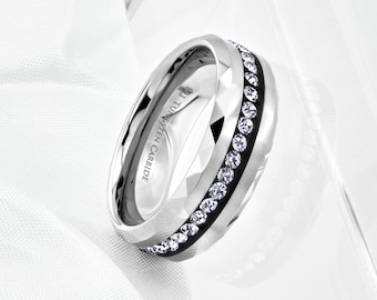 8mm Tungsten Carbide Beveled Edges W/ Cubic Zirconias Wedding Band Ring. Free Inside Laser Engraving