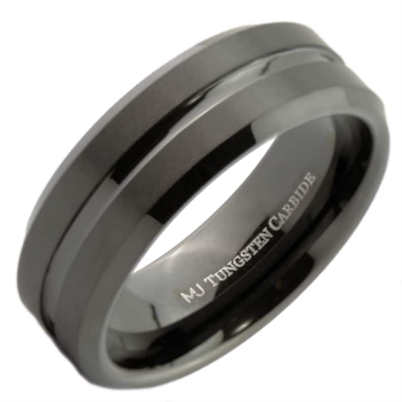 Black Plated Tungsten Carbide Wedding Ring 6mm or 8mm width brushed with polished edges and center groove. Custom Laser Engraving included 8mm