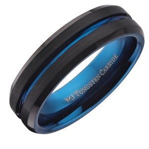 Tungsten Carbide Wedding Band 6mm or 8mm Black and Blue Plated With Blue Stripe Ring. Free Inside Laser Engraving 6mm