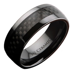 8mm Black Ceramic Carbon Fiber Wedding Band Comfort Fit Ring Flat with Recessed edges or half Dome style image 5