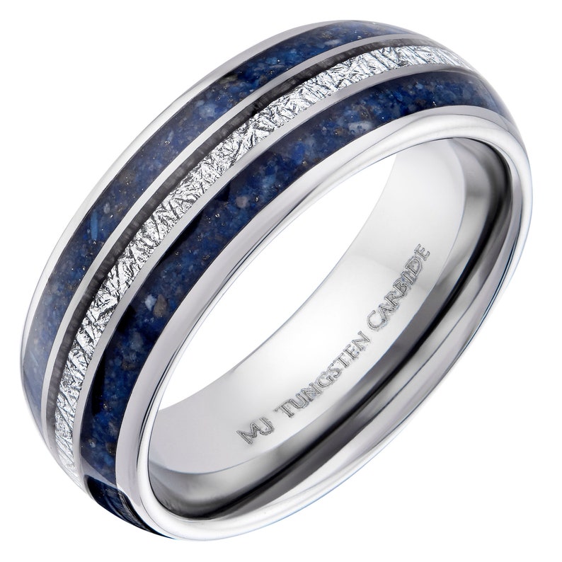 Tungsten Carbide 8mm Wedding Band Polished or Black Plated Finish with Lapis Lazuli and Faux Meteorite Inlay. FREE LASER ENGRAVING image 2