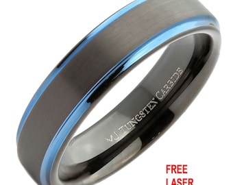 Black Plated Tungsten Carbide 6 & 8mm Blue Plated Edge Band Ring. Free Laser Engraving.