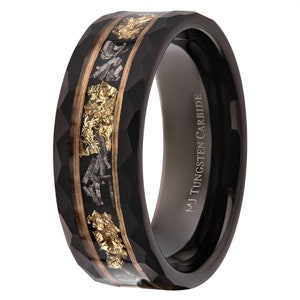 Tungsten Carbide Hammered 8mm Black Plated Wedding Band with Gold Foil Flecks Inlay Ring. FREE LASER ENGRAVING image 3