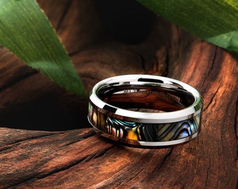 Tungsten Carbide 8mm Abalone Inlay with Recessed Edges Wedding Band Polished Finish Ring. FREE LASER ENGRAVING