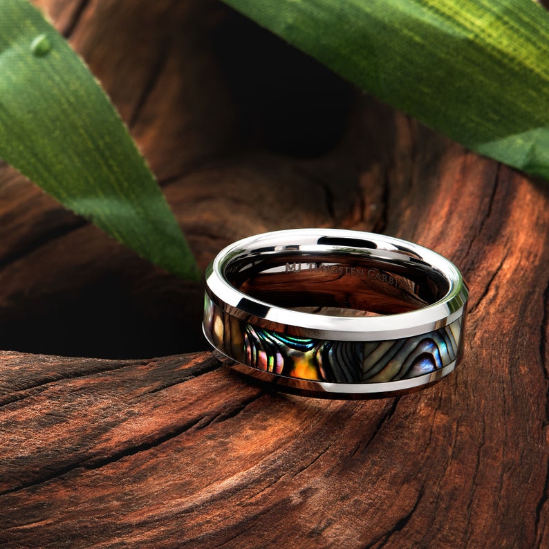 Tungsten Carbide 8mm Abalone Inlay with Recessed Edges Wedding Band Polished Finish Ring. FREE LASER ENGRAVING image 1