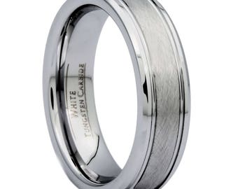 White Tungsten Carbide 6mm Center Brushed Wedding Band. Free Inside Laser Engraving