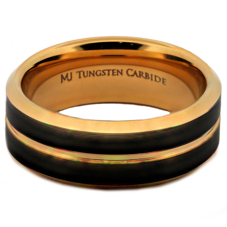 Tungsten Carbide 8mm Gold Plated Wedding Band with a Black Plated Face Ring. FREE LASER ENGRAVING image 5