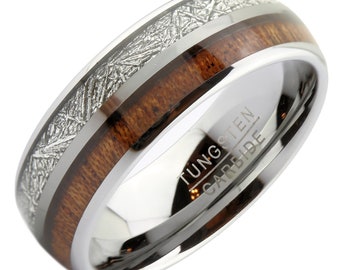 Koa Wood and faux Meteorite Inlay 8mm Tungsten Carbide Wedding Band Ring. Free Laser Engraving.