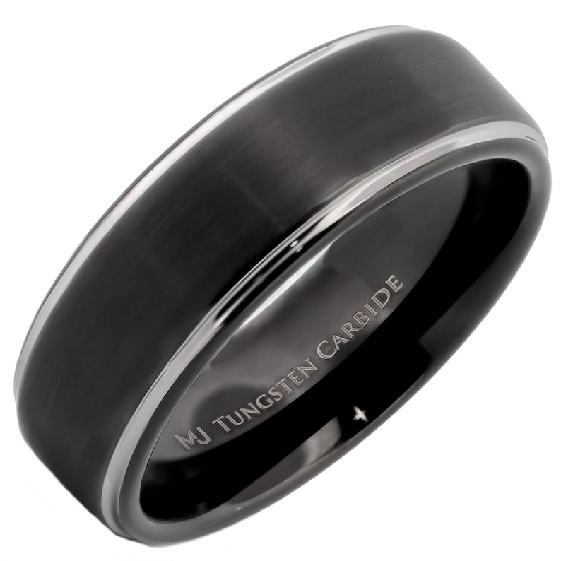 Brushed Tungsten Carbide Ring Wedding Band Polished Solid Black or Silver Edges Comfort Fit Free Engraving Silver 8mm