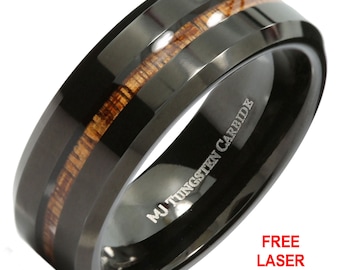 Tungsten Carbide 8mm Wedding Band Black Plated Koa Wood Inlay Ring. Free Inside Laser Engraving