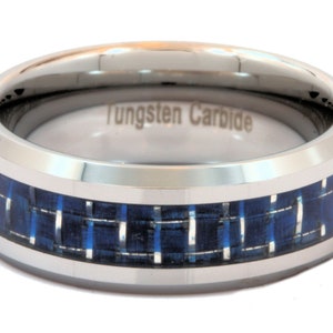 Tungsten Carbide ring 8mm Mirror Polished or Black Plated Wedding Band Blue & White Carbon Fiber Inlay. FRE LASER ENGRAVING image 5