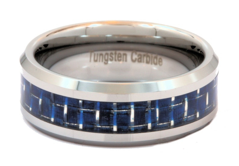 Tungsten Carbide ring 8mm Mirror Polished or Black Plated Wedding Band Blue & White Carbon Fiber Inlay. FRE LASER ENGRAVING image 5