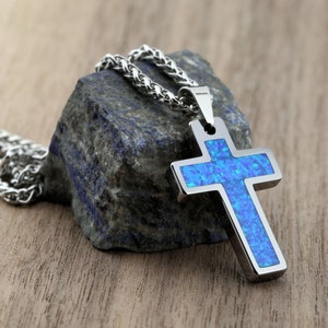 Tungsten Carbide Opal Inlay Cross Pendant Necklace Stainless Steel Cuban Chain. Free laser engraving. image 1