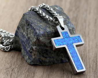Tungsten Carbide Opal Inlay Cross Pendant Necklace Stainless Steel Cuban Chain. Free laser engraving.