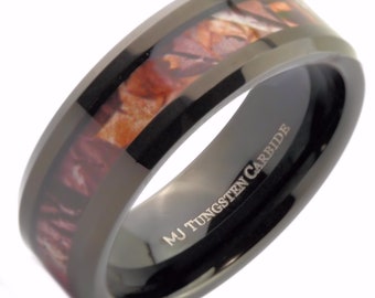 Tungsten Carbide 8mm Wedding Band Black Plated with Camouflage Inlay Ring. FREE LASER ENGRAVING