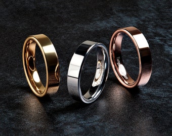 5mm Flat Pipe Cut Tungsten Carbide Mirror Polished Wedding Ring Band. Gold, Rose Gold and White