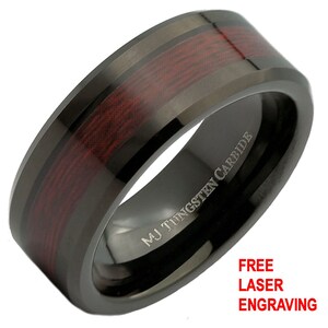 Black Tungsten Carbide 8mm Wedding Band Koa Wood Inlay Ring. Comfort fit Free Laser Engraving.