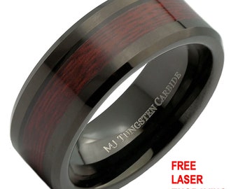 Black Tungsten Carbide 8mm Wedding Band Koa Wood Inlay Ring. Comfort fit Free Laser Engraving.
