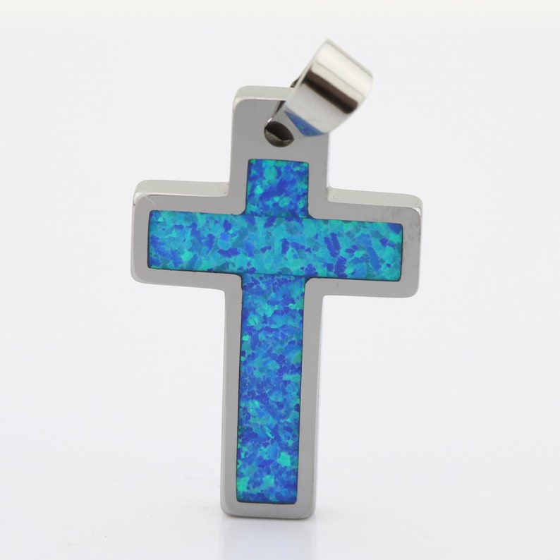 Tungsten Carbide Opal Inlay Cross Pendant Necklace Stainless Steel Cuban Chain. Free laser engraving. image 7