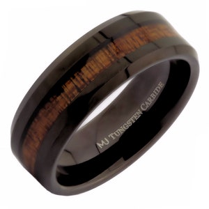 White or Black Tungsten Carbide 8mm Wedding Band with Real Koa Wood Inlay. FREE LASER ENGRAVING Black