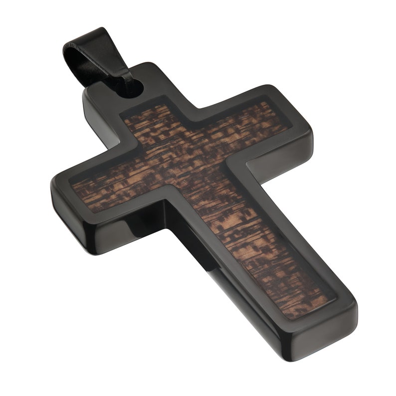 Tungsten Carbide Hawaiian Koa Wood Cross Pendant Necklace Stainless Steel Cuban Chain. Free Laser Engraving Black