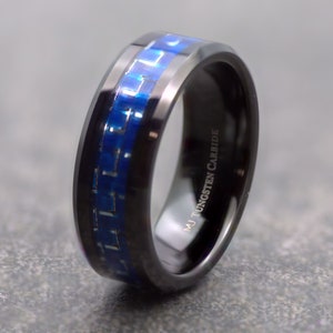 Tungsten Carbide ring 8mm Mirror Polished or Black Plated Wedding Band Blue & White Carbon Fiber Inlay. FRE LASER ENGRAVING image 2