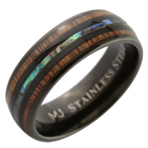 Stainless Steel Black Plated or Polished 6mm or 8mm Real Koa Wood and Abalone Inlay. FREE LASER ENGRAVING Black Plated 8mm