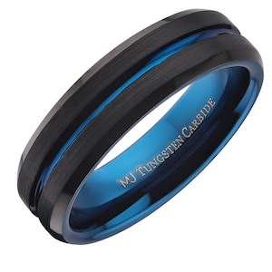 Black Plated Tungsten Carbide Wedding Ring 6mm or 8mm width brushed with polished edges and center groove. Custom Laser Engraving included 6mm Blue Center