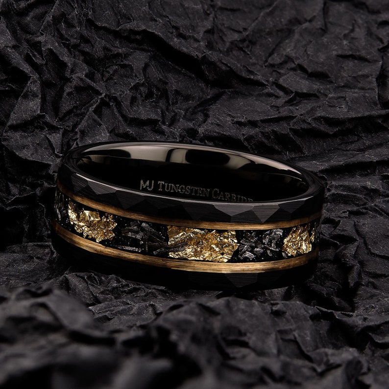 Tungsten Carbide Hammered 8mm Black Plated Wedding Band with Gold Foil Flecks Inlay Ring. FREE LASER ENGRAVING image 4