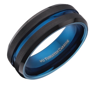 Black Plated Tungsten Carbide Wedding Ring 6mm or 8mm width brushed with polished edges and center groove. Custom Laser Engraving included 8mm Blue Center