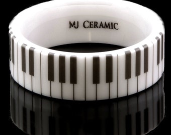 Weiß Keramik Klavier Ring Klassisch Hochglanzpoliert Band Comfort Fit 6, 8 oder 10mm breit Rohr oder Dome Stil