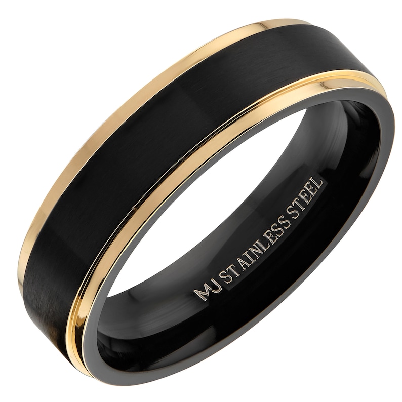 Brushed Black Stainless Steel Ring Wedding Band Polished Gold or Rose Gold Edges Comfort Fit Free Engraving Gold 6mm