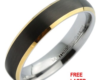 Tungsten Carbide 5mm Black Plate Center Gold Plated Edge Ring. Free Laser Engraving.