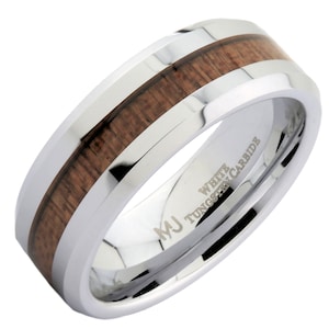 White or Black Tungsten Carbide 8mm Wedding Band with Real Koa Wood Inlay. FREE LASER ENGRAVING White