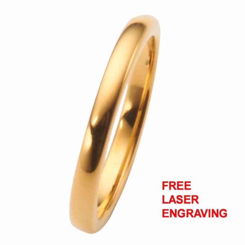 Various Width Gold Plated Polished Tungsten Carbide Wedding Ring Half Dome Band. Free Laser Engraving 2mm