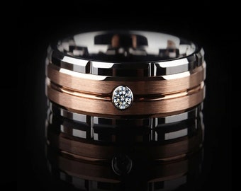 8mm Tungsten Carbide Rose Gold Plated Grooved Center 2mm CZ Wedding Band Ring. Free Gift Box