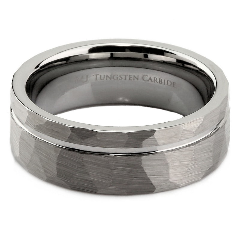 Tungsten Carbide Wedding Band brushed Hammered offset groove 8mm Ring Comfort fit. Free Laser engraving image 4