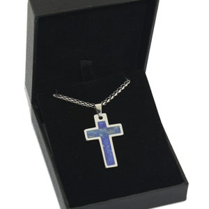 Tungsten Carbide Stone or Shell Inlay Cross Pendant Necklace Stainless Steel Cuban Chain. Free laser engraving. image 7