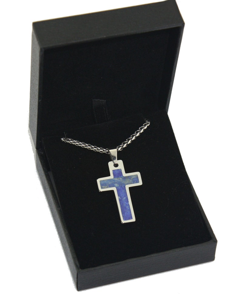 Tungsten Carbide Opal Inlay Cross Pendant Necklace Stainless Steel Cuban Chain. Free laser engraving. image 2