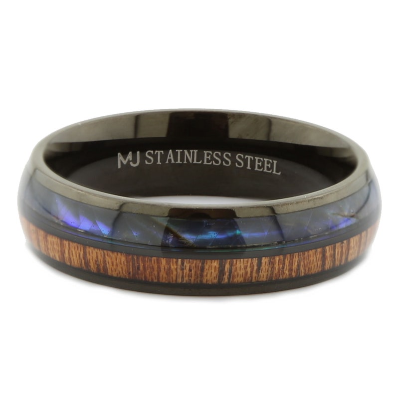 Stainless Steel Black Plated or Polished 6mm or 8mm Real Koa Wood and Abalone Inlay. FREE LASER ENGRAVING image 7