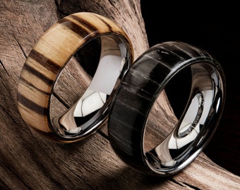 Ebony or Blonde Zebra Wood 8mm Wedding Band with Polished Tungsten Carbide Comfort fit