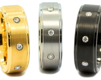 Tungsten Carbide 8mm Brushed Center Polished Edge 3 CZ Wedding Ring. Choose From Black Plated, Gold Plated Or Gray