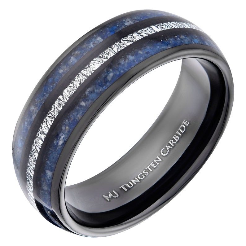 Tungsten Carbide 8mm Wedding Band Polished or Black Plated Finish with Lapis Lazuli and Faux Meteorite Inlay. FREE LASER ENGRAVING image 6