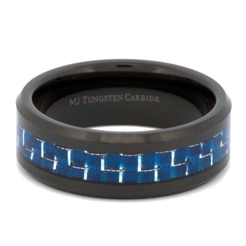 Tungsten Carbide ring 8mm Mirror Polished or Black Plated Wedding Band Blue & White Carbon Fiber Inlay. FRE LASER ENGRAVING image 6