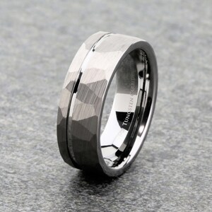 Tungsten Carbide Wedding Band brushed Hammered offset groove 8mm Ring Comfort fit. Free Laser engraving image 2