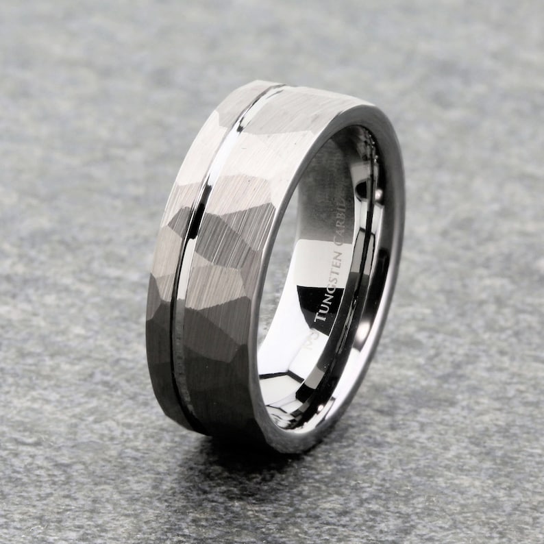 Tungsten Carbide Wedding Band brushed Hammered offset groove 8mm Ring Comfort fit. Free Laser engraving image 2