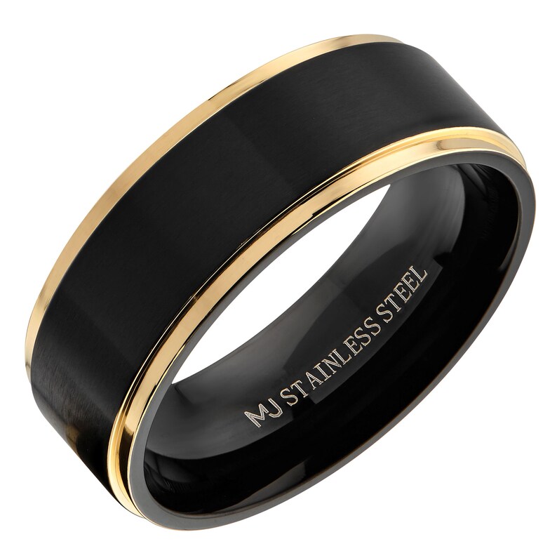 Brushed Black Stainless Steel Ring Wedding Band Polished Gold or Rose Gold Edges Comfort Fit Free Engraving Gold 8mm