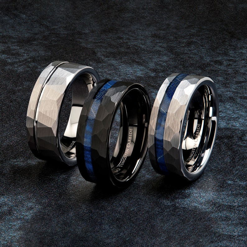 Men's Hammered Brushed Tungsten Carbide Sapphire Blue Wood Inlay Ring 8mm Comfort Fit, Free Engraving image 1